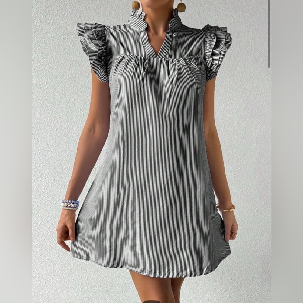 Women Striped V-Neck Flutter Sleeve Dress